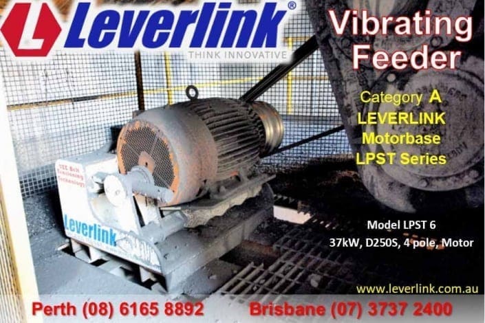 Leverlink vibrating feeder motorbase. Self tensioning. stored energy. quarry. LPST series.